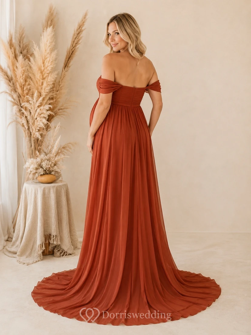 Rostfarbenes Chiffon-Kleid mit Carmen-Ausschnitt, kurzen Ärmeln, A-Linien-Schnitt, bodenlang, Umstandsmode im Empire-Stil, romantischer Gartenstil, elegant view 2