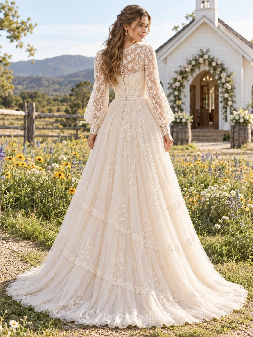 Vestido de novia bohemio de corte A asimétrico con encaje y gasa, mangas largas de estilo poeta y falda escalonada. view 2