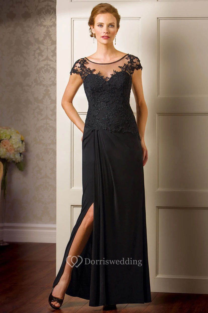Cap-Sleeved Long Mother Of The Bride Dress With Side Slit And Appliques