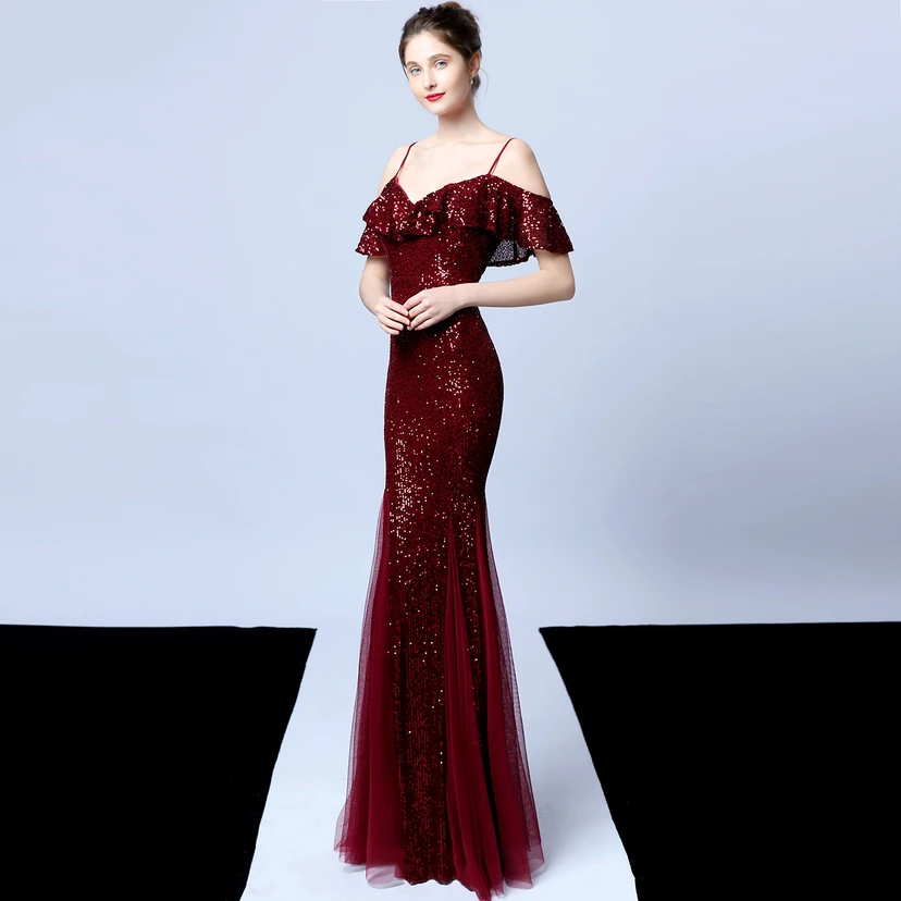 Robe de soirée élégante à franges et sequins en fil de polyester, style sirène, idéale pour un banquet ou une occasion spéciale automne. view 31