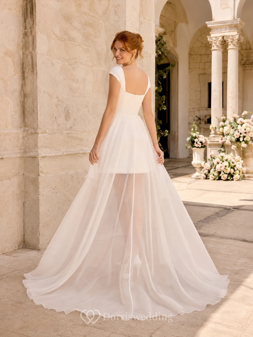 Robe de mariée élégante moderne à col carré court, manches courtes et traîne amovible view 2