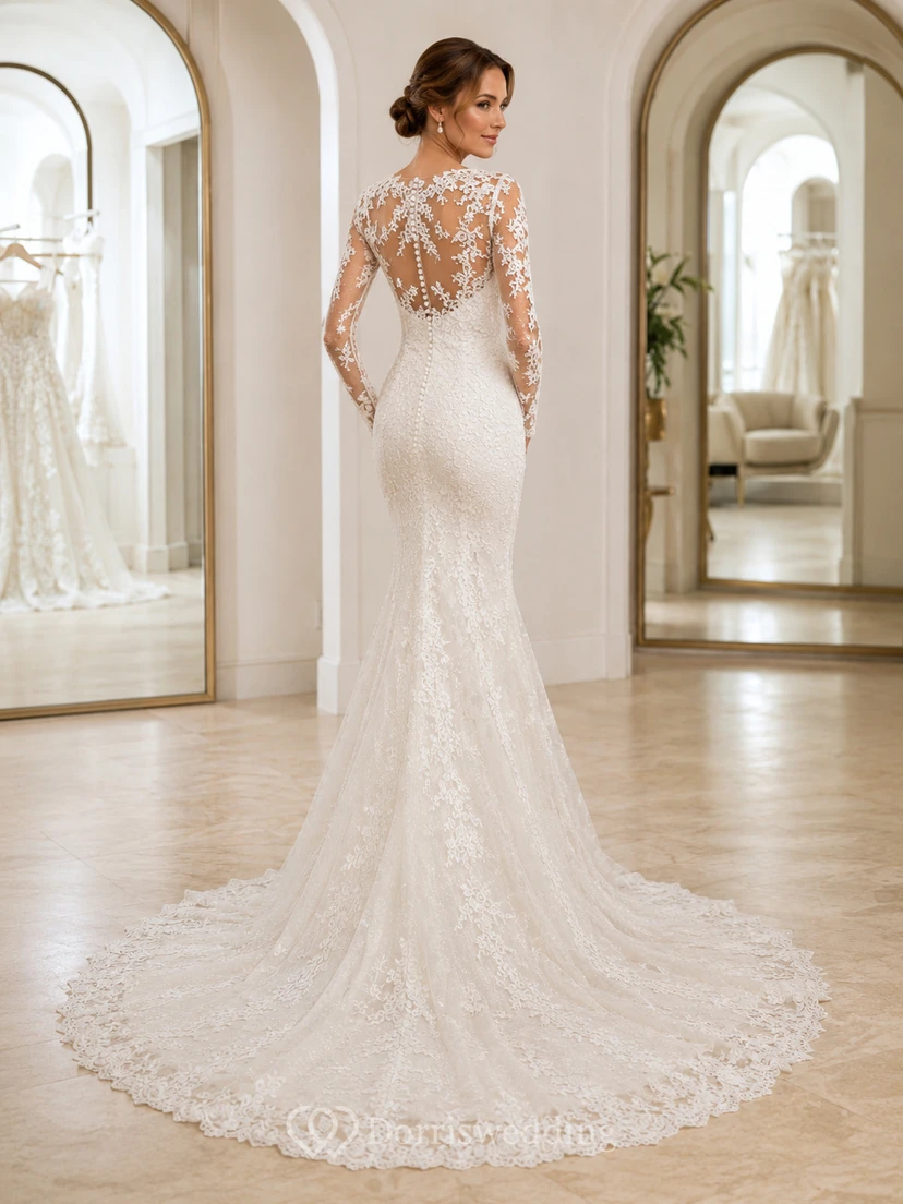 Vestido de novia romántico de encaje con cuello alto, escote corazón, forro, corte sirena y cola larga hasta el suelo. view 2