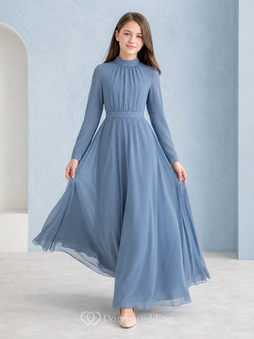 Himmelblaues Brautjungfernkleid für junge Damen, A-Linie, hoher Kragen, lange Ärmel, Chiffon, schlicht