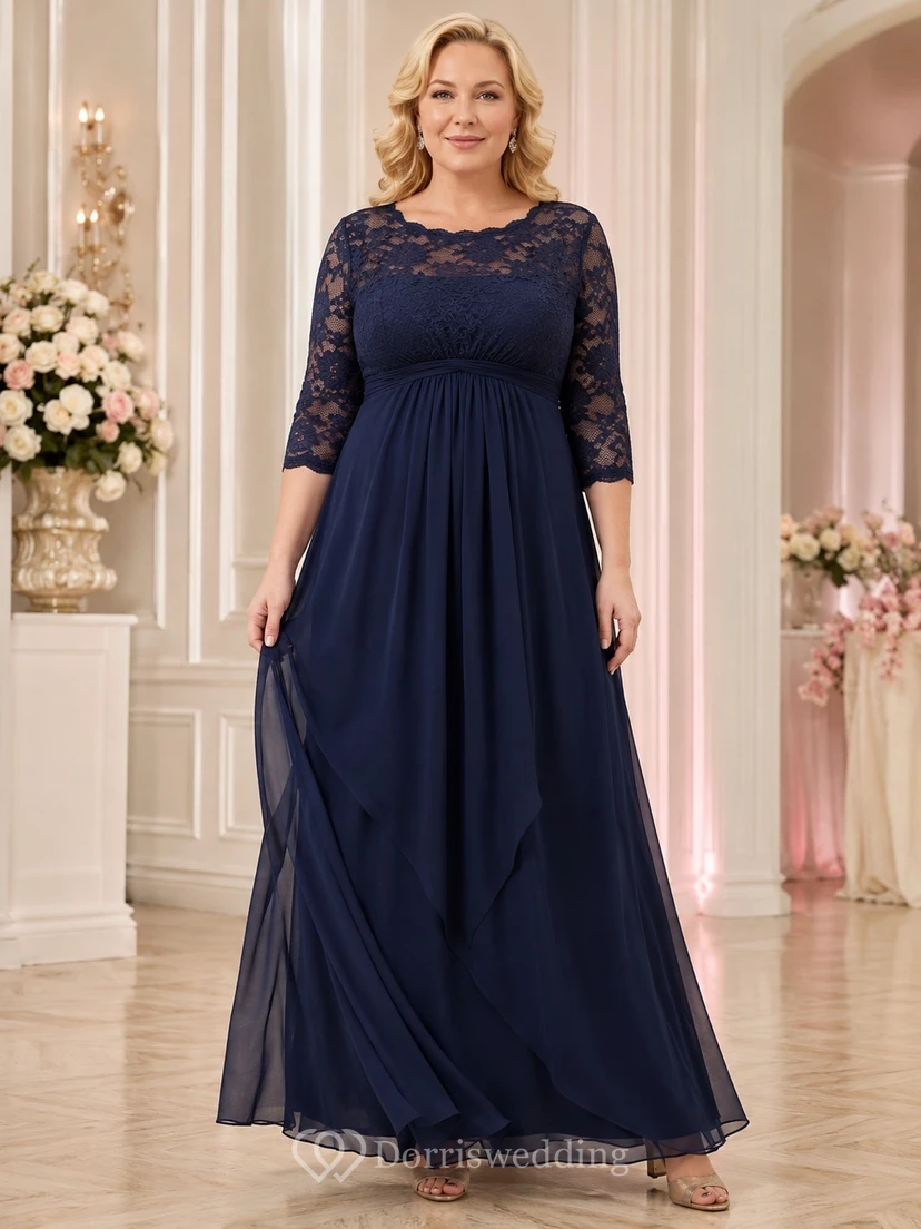 Dark Navy Lace Bateau Three-Quarter Sleeve Empire A-Line Plus Size Formal Dress