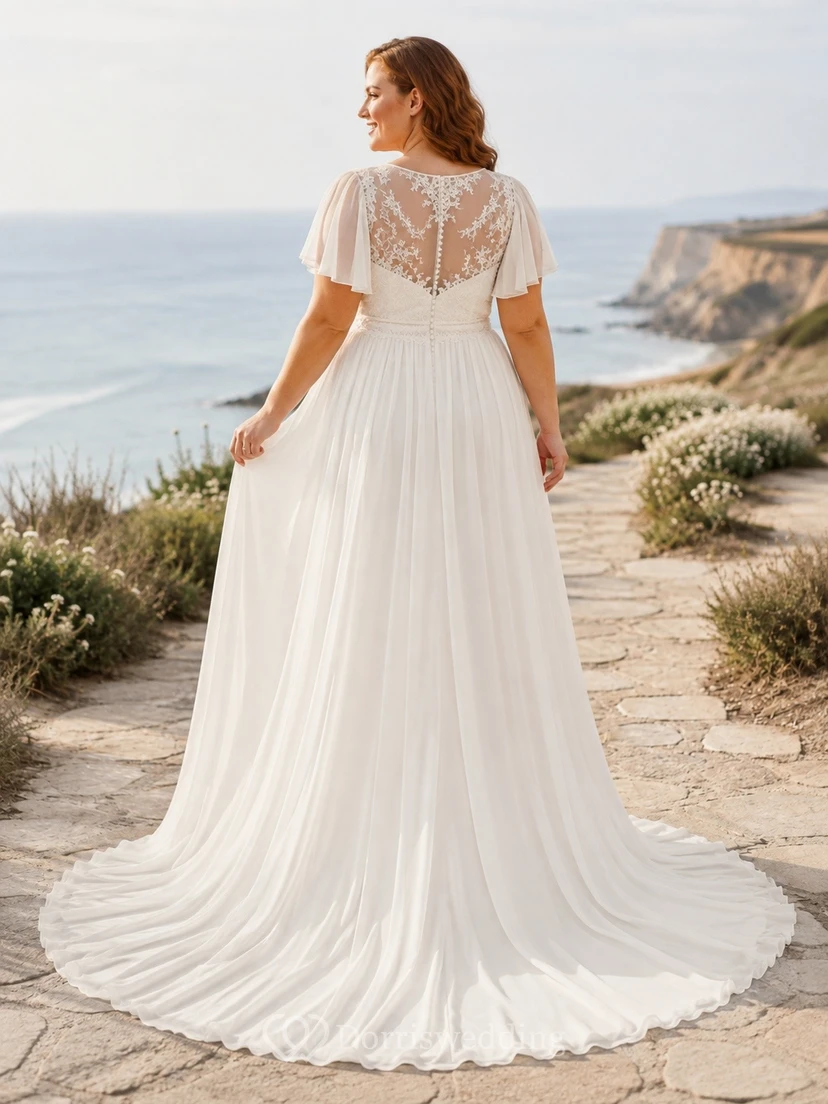 Vestido de novia de talla grande para fugas románticas, de manga corta, encaje y gasa, corte A. view 2