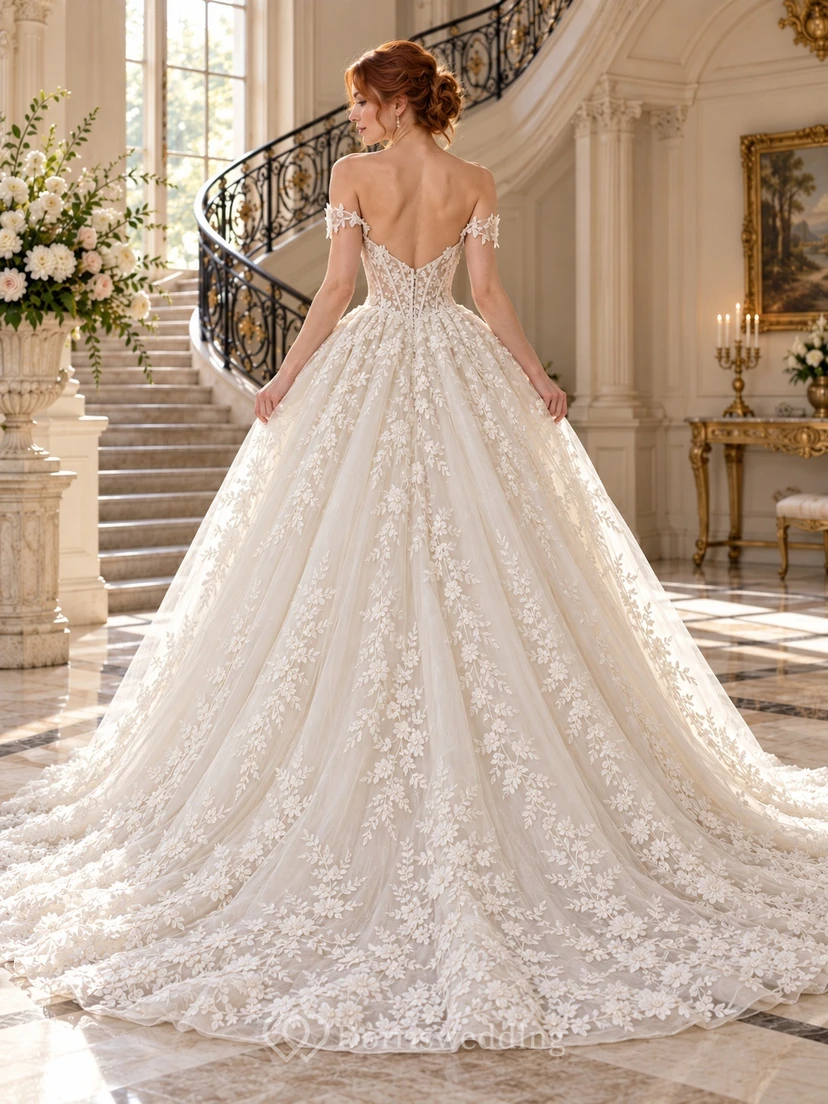 Open Back Off Shoulder Floral Lace Full Ball Gown Wedding Dress view 2