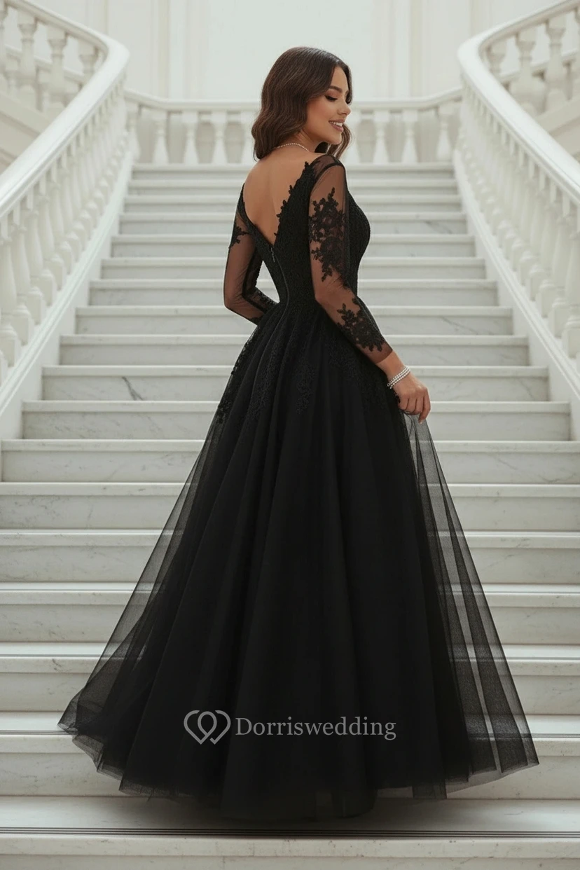 Schwarzes, langärmeliges Abendkleid aus Spitze und Tüll mit hohem Schlitz in A-Linie – formelles Ballkleid view 2