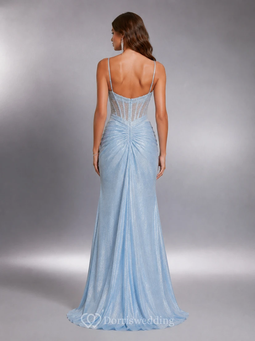 Sky Blue Cowl Neck Glitter Mermaid Prom Gown with Split view 2