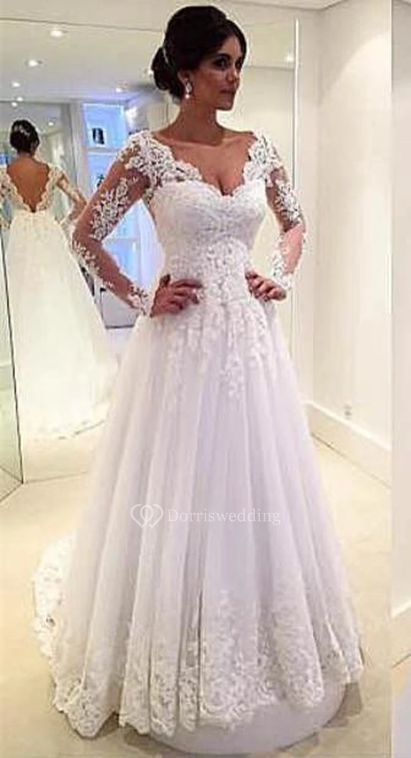 Newest Long Sleeve Tulle Lace Wedding Dress Court Train view 3