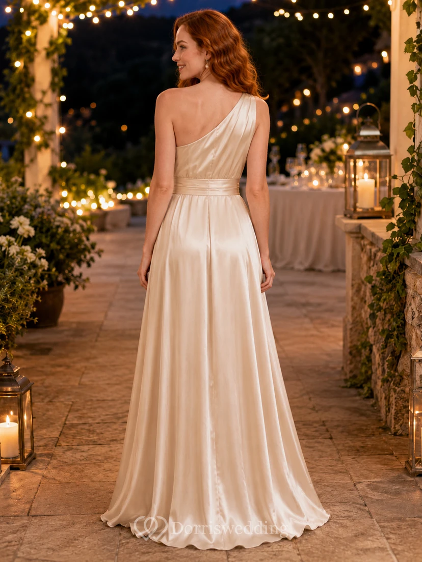 Champagne One Shoulder Satin A Line Celebration Evening Gown view 2