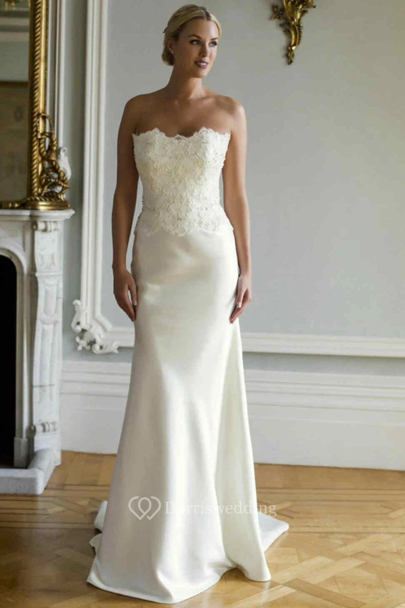 Sheath Floor-Length Strapless Sleeveless Appliqued Satin Wedding Dress