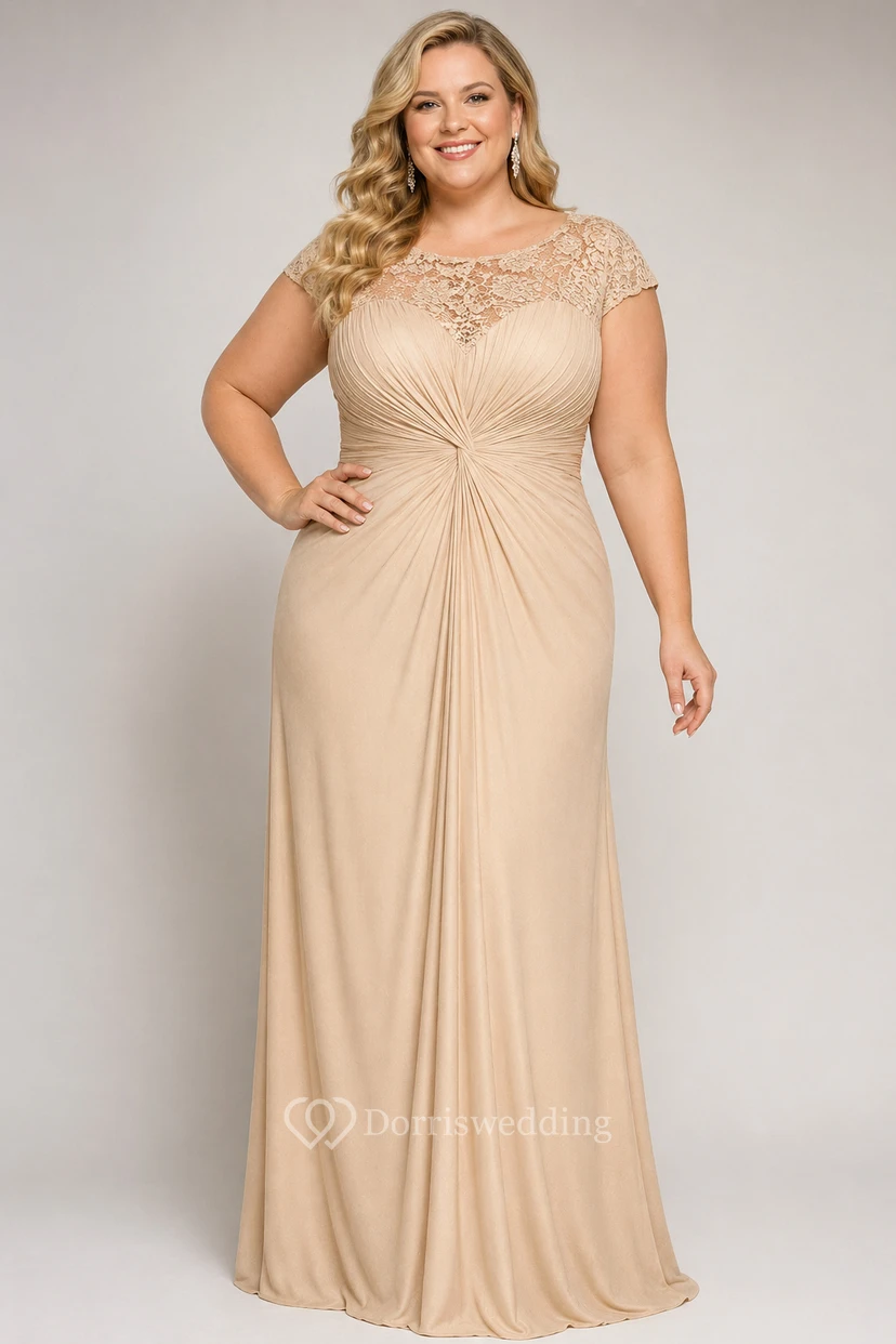Robe longue à manches courtes froncée pour la mère de la mariée, avec encolure en dentelle illusion view 6