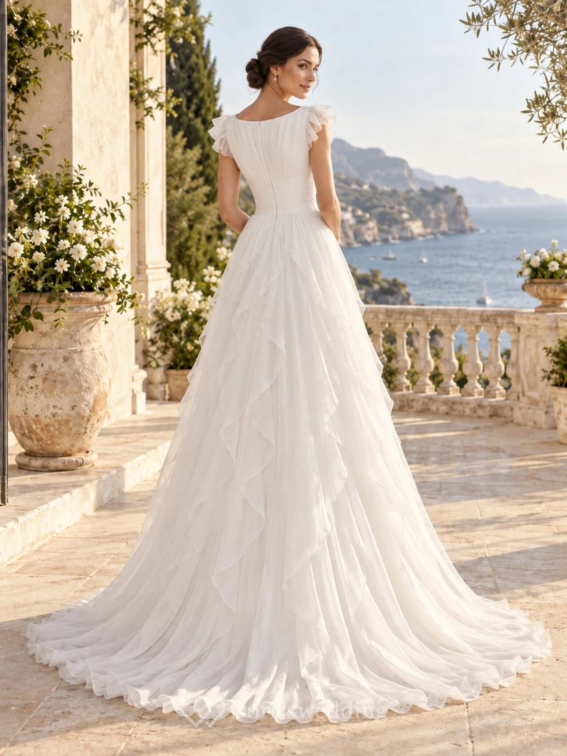 Schlichtes Brautkleid aus Chiffon mit U-Boot-Ausschnitt, kurzen Ärmeln und fließenden Rüschen in A-Linie view 2
