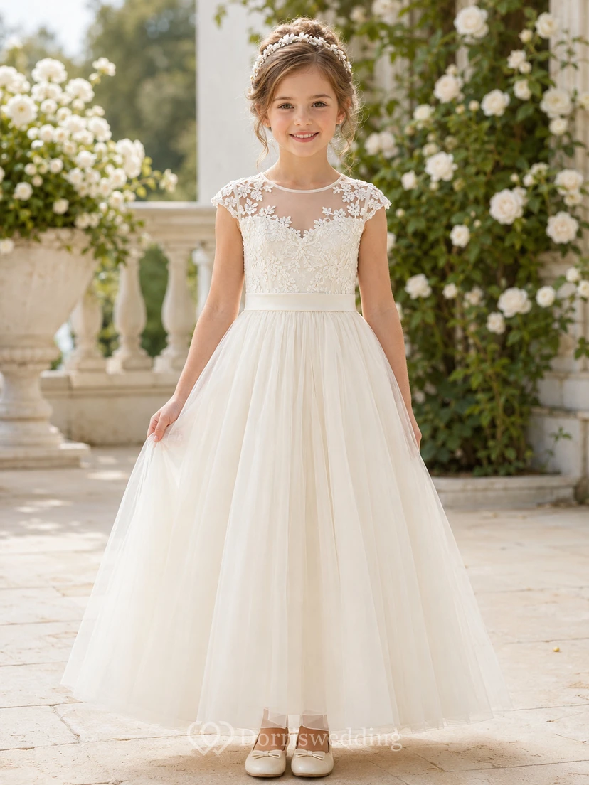 Blumenmädchenkleid aus elfenbeinfarbener Spitze und Tüll, A-Linie, Rundhalsausschnitt, Teelänge