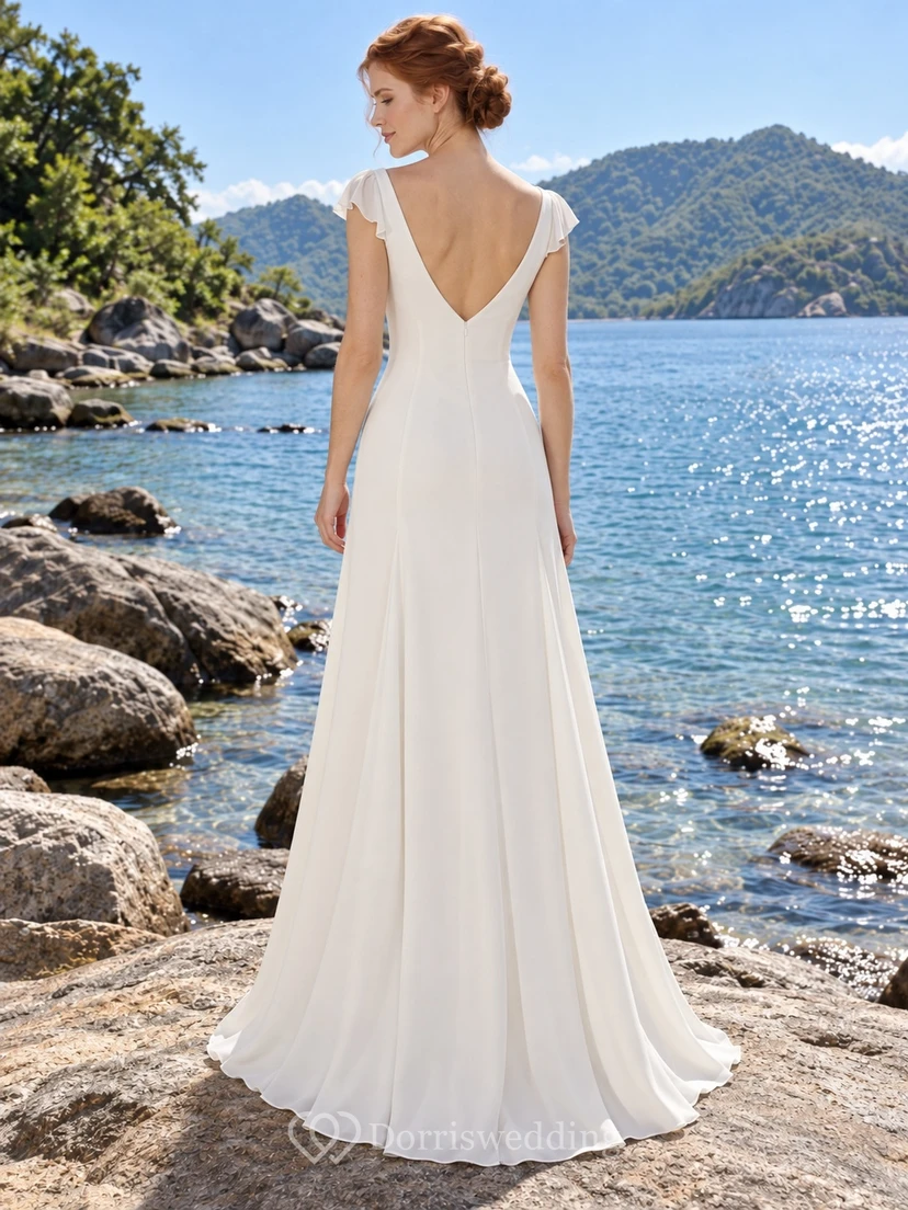 Vestido de novia sencillo de gasa con escote en V, mangas cortas y espalda descubierta. view 2