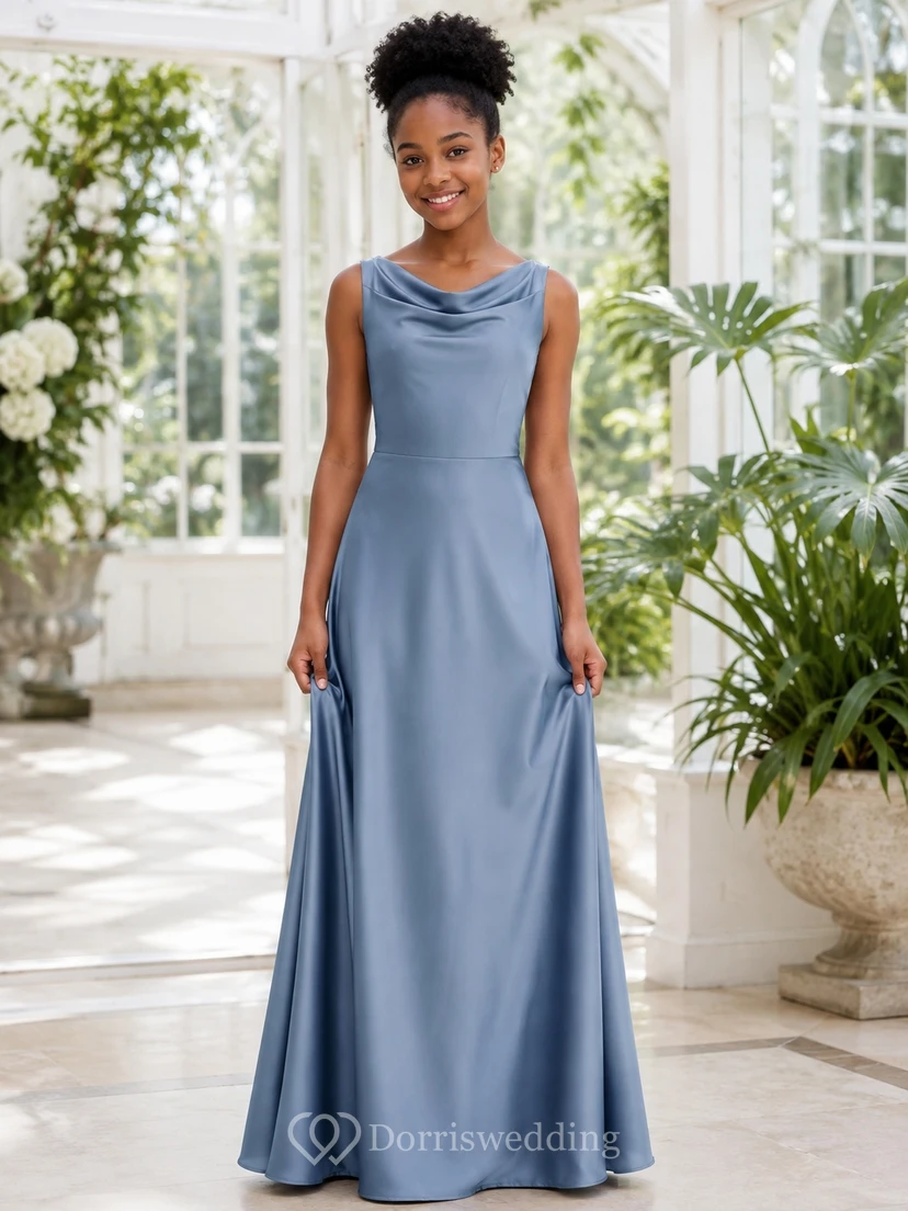 Stahlblaues, elegantes Etuikleid für junge Brautjungfern, Spaghettiträger, ärmellos, aus Satin.