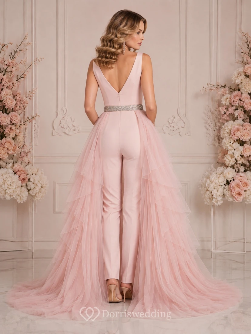 Combinaison romantique en tulle rose poudré à col en V et traîne, robe de soirée de concours view 2