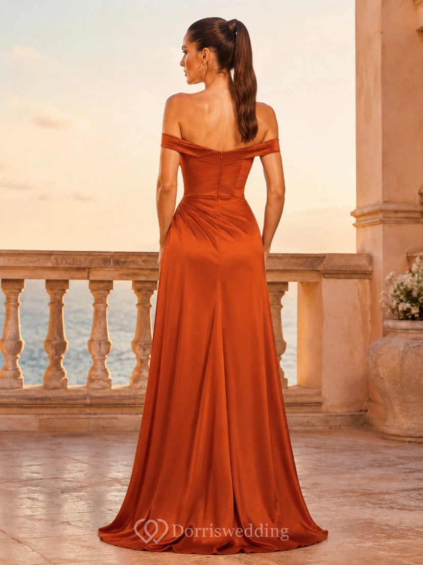 Sexy Burnt Orange Satin Mermaid Floor-Length Off-Shoulder Split Front Dress view 2