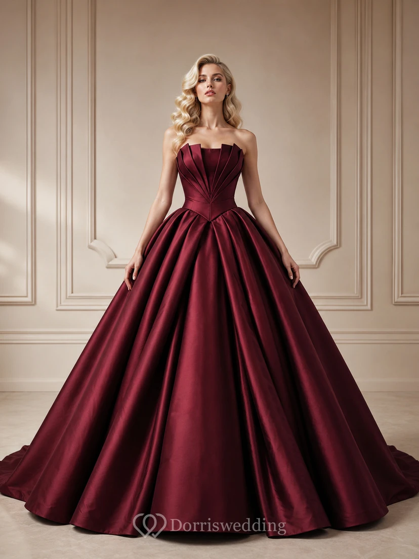 Burgundy Modern Strapless Notched Pleated Mikado Satin Quinceanera Princess Chapel Train Ball Gown