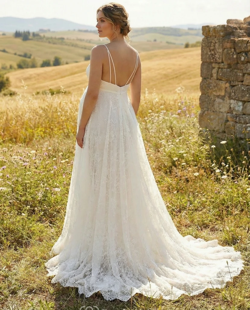 Maternity Lace Wedding Dress with V-Neck Spaghetti Straps and Sweep Train view 2