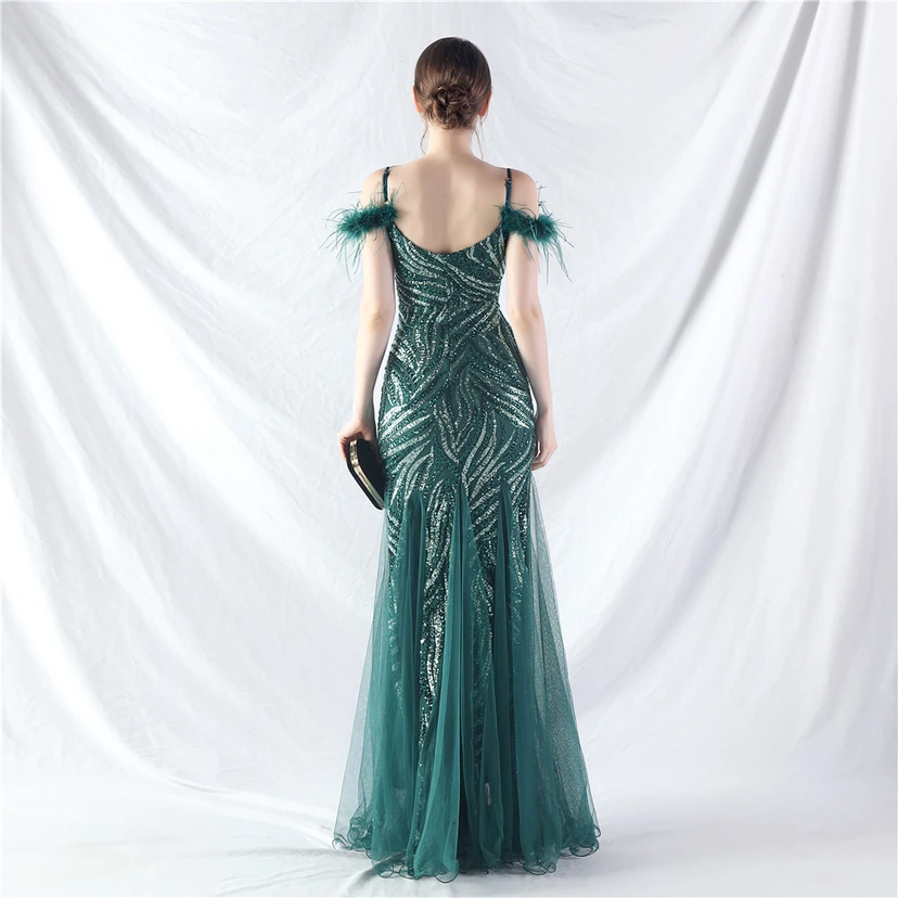 Crafted Ostrich Feather Stacked Sequins Splicing Mesh Gauze High-End Evening Dress Clothes view 26