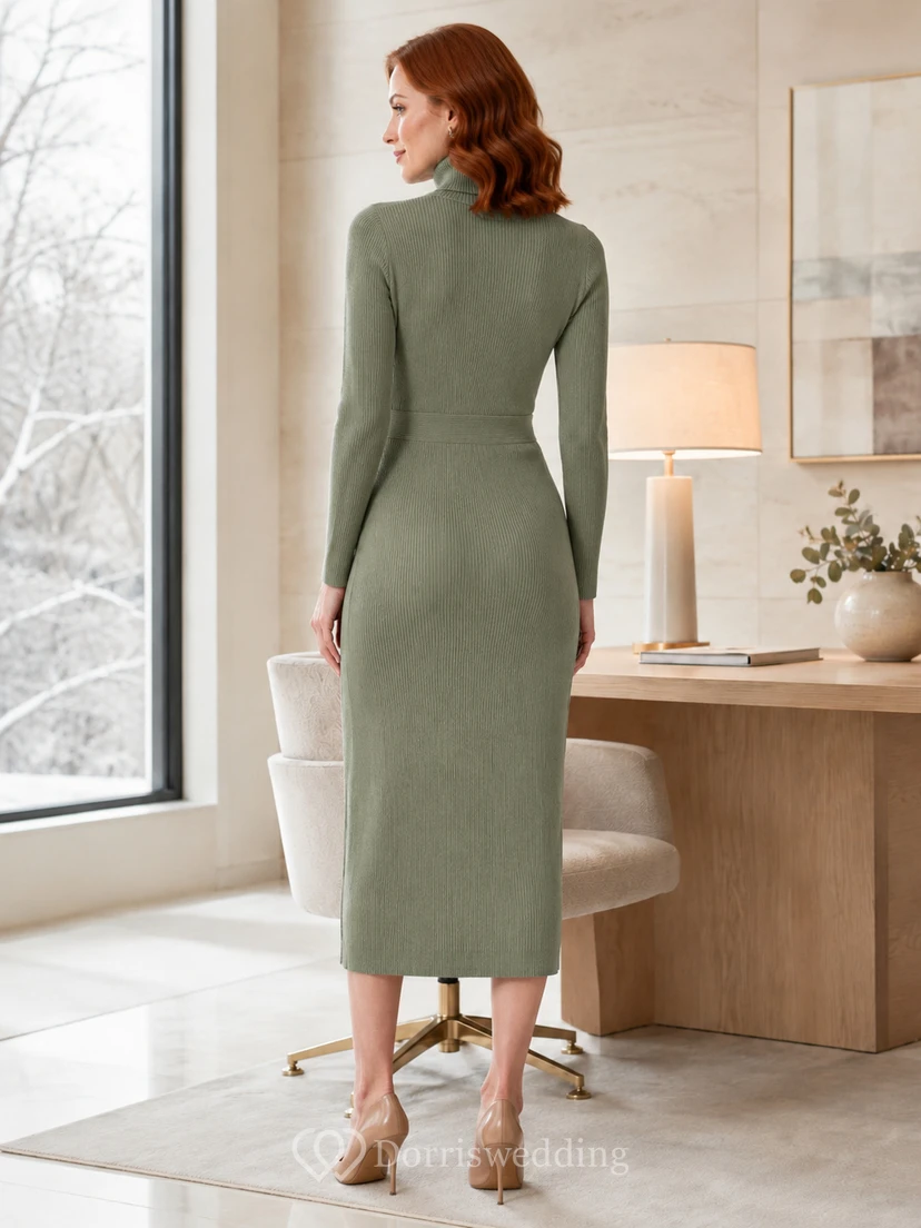 robe midi d'hiver en maille vert sauge à manches longues et col montant view 2