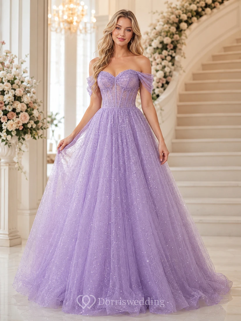 Lavendelfarbenes Glitzer-Tüll-Abendkleid mit schulterfreiem Ausschnitt und Herzausschnitt
