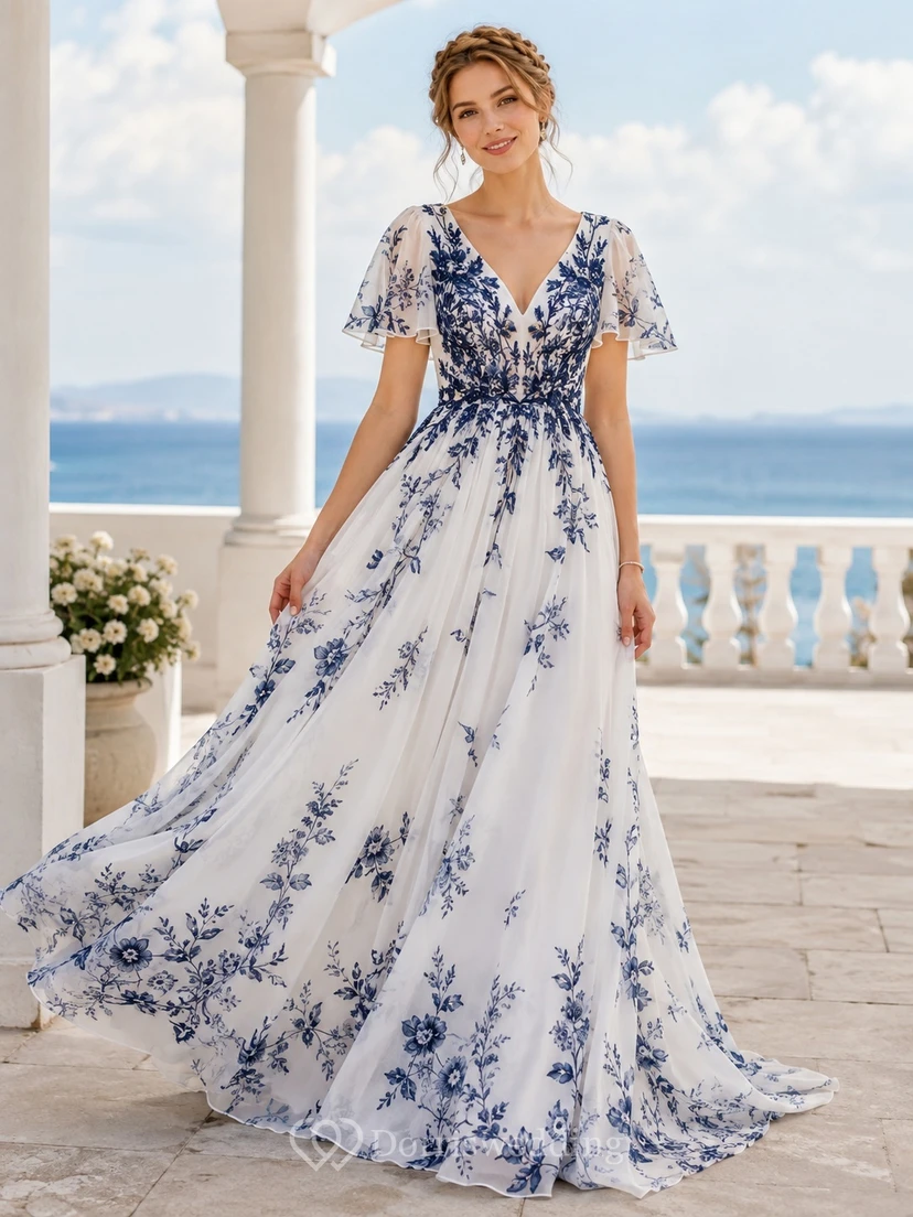 Robe de mariée romantique en mousseline bleu marine à pétales, coupe trapèze, col en V et manches courtes, ornée de pétales.