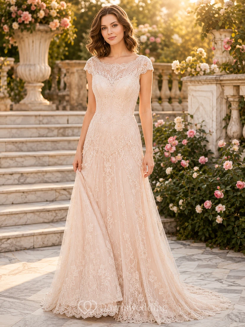 Gatsby V-Neck Cap Sleeve Lace Sheath Bridal Gown