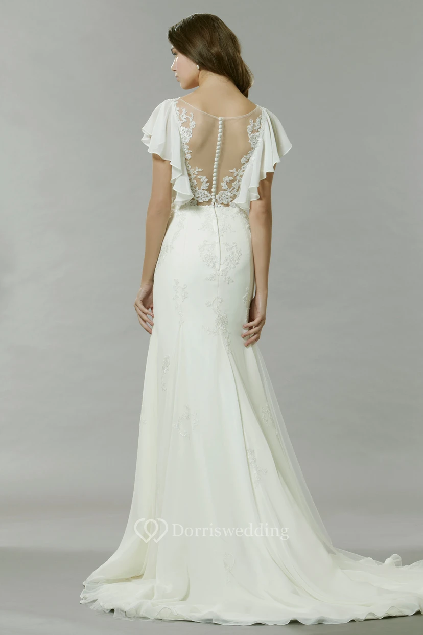 Poet-Sleeve Bateau-Neck Chiffon Wedding Dress With Illusion view 2