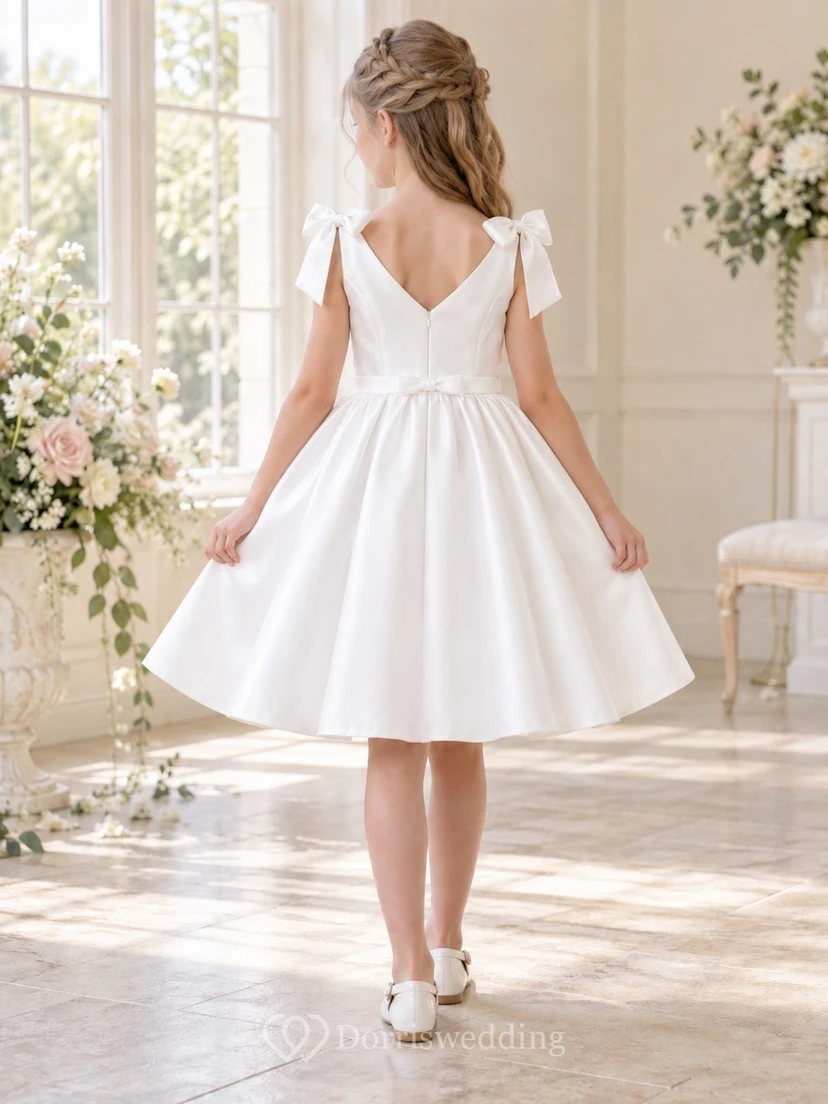 Simple Short White Sleeveless V-neck Shoulder Bow Gathered Satin Sashed A-Line Flowergirl Dress view 2