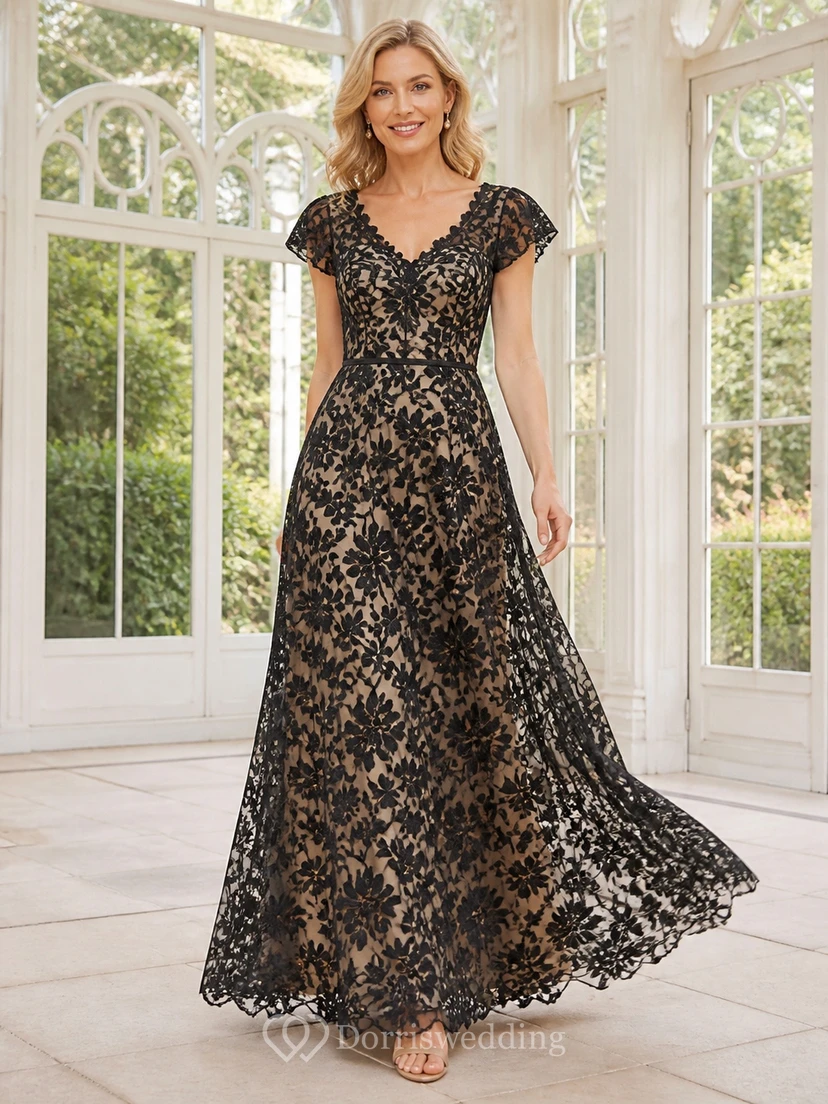 Vestido de noche formal de corte A, negro, vintage, talla grande, con encaje y mangas cortas