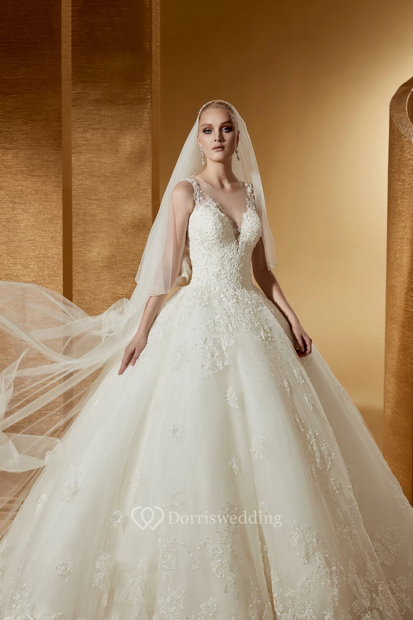Feminine Cap Sleeve Ball Gown With Illusive Neckline And Back Bow view 3