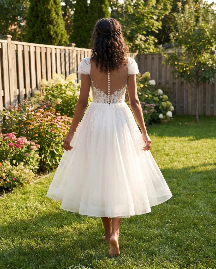 Teelanges Brautkleid für eine intime Hochzeit | Kurzes Brautkleid im Vintage-Stil der 1950er Jahre | Lässiges Langarm-Outfit in großen Größen view 5