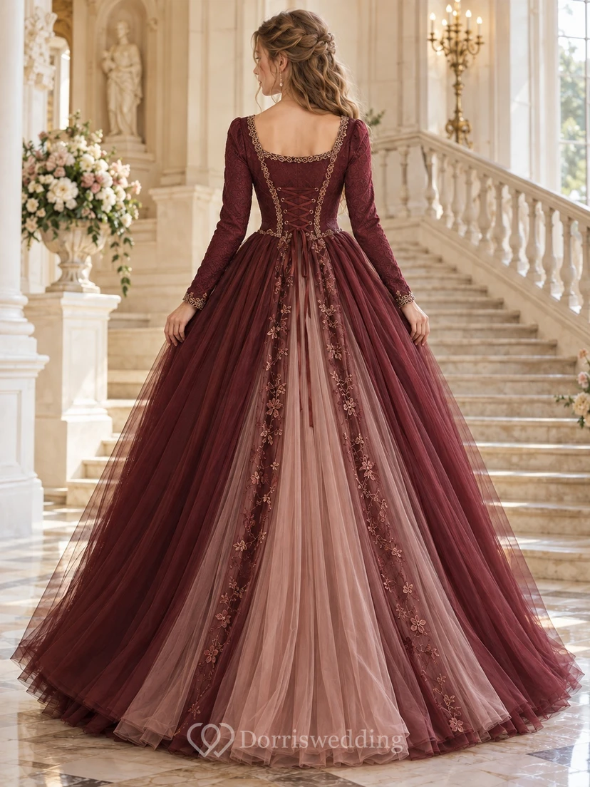 Robe de bal médiévale en tulle bordeaux à manches longues et col carré, corset en tulle, style corset, robe de bal. view 2