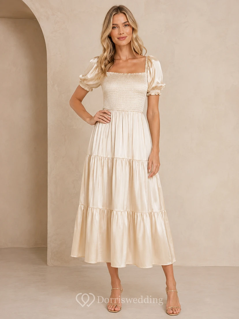 Cream Square-Neck Puff-Sleeve Smocked Satin Tiered Casual Garden Midi Dress