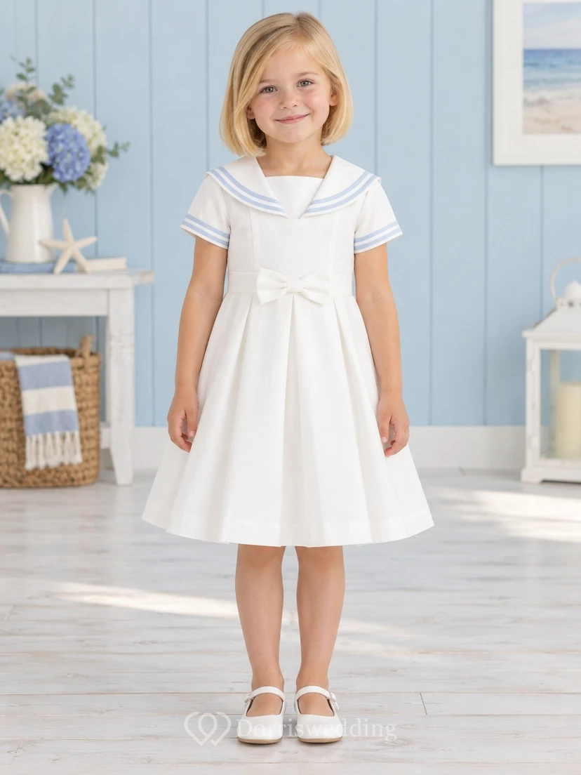 Vintage Simple White Knee Length Double Piped Sailor Collar Waist Bow Flower Girl Dress