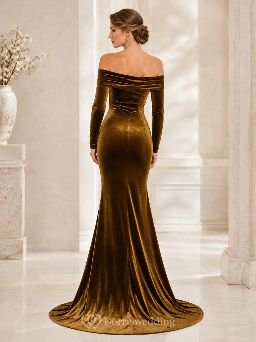 Gold Velvet Off Shoulder Long Sleeve Mermaid Luxury Gown view 2