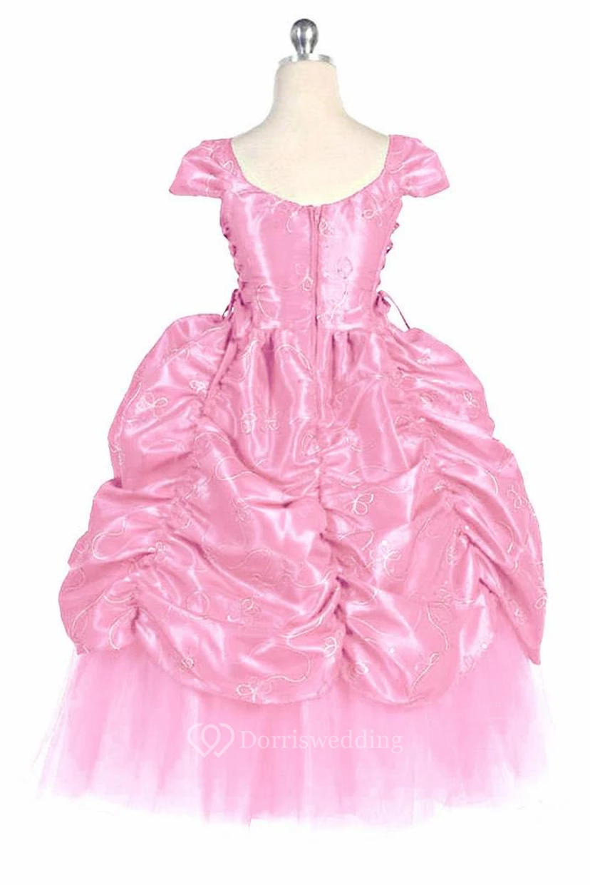 Ankle-Length Embroideried Tiered Lace&Taffeta Flower Girl Dress With Broach view 2