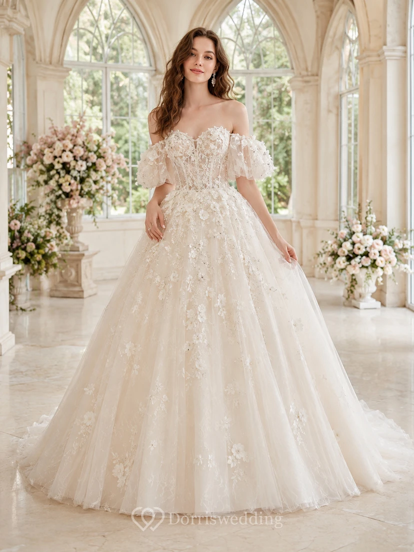 Robe de bal romantique en dentelle florale à épaules dénudées et manches bouffantes, robe de mariée avec traîne chapelle