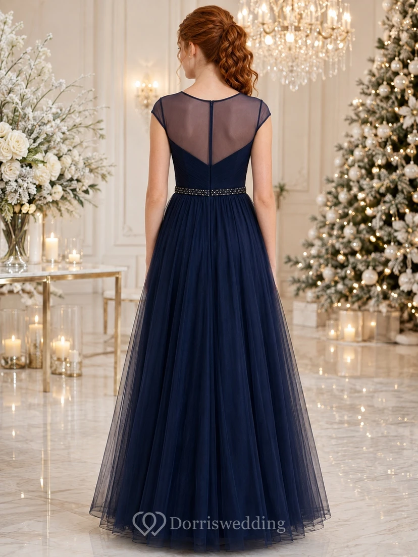Ink Navy Junior Bridesmaid Dress A-Line Sweetheart Short Sleeve Tulle Elegant view 2