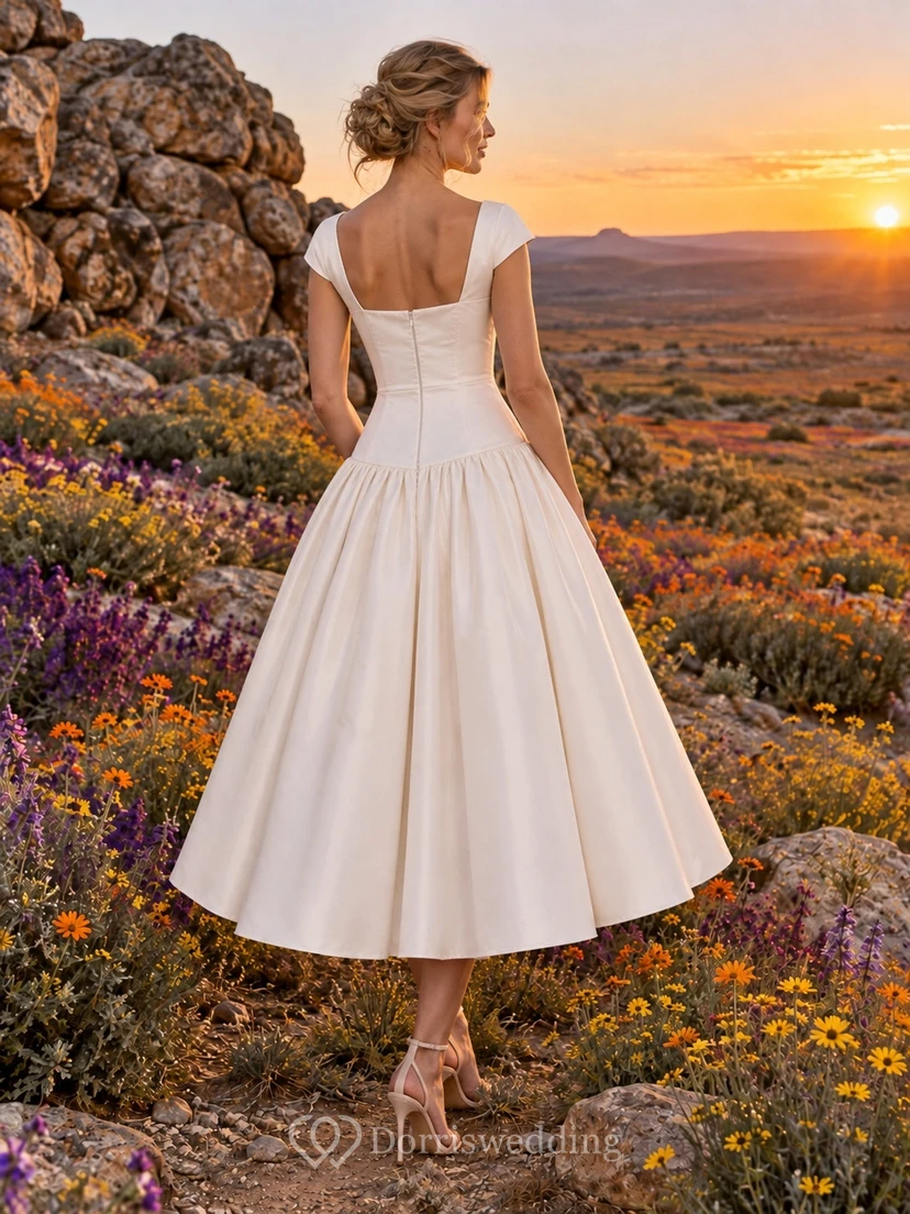 Simple Tea Length Square Neck Satin Cap Sleeve Dropped Waist Wedding Dress view 2