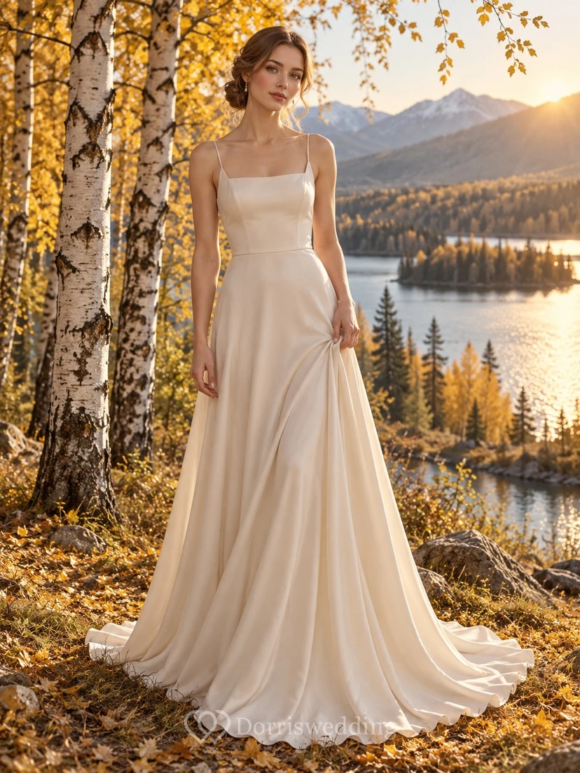 Vestido de novia sencillo de corte A con escote cuadrado y tirantes finos color champán