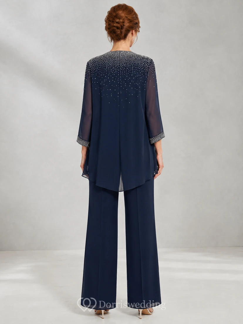 Ink Navy Mother Pantsuit with Sheer Chiffon Jacket, Sequin Top and Wide Leg Pants view 2