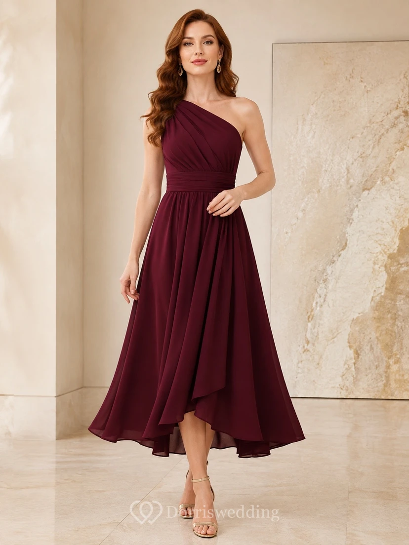 Elegant Burgundy One-Shoulder Sleeveless Tulle A-Line Asymmetrical Dress