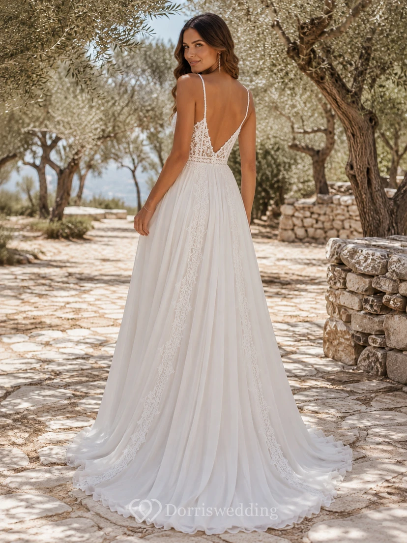 Boho Outdoor A Line Spaghetti Deep V Lace Split Train Wedding Dress view 2