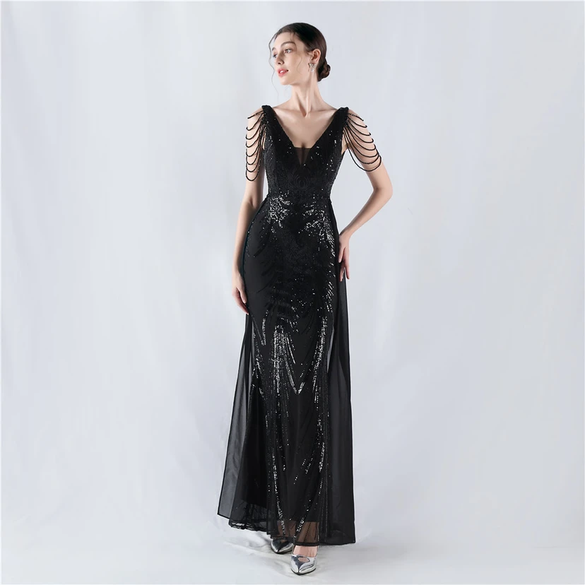 Paillettenbesetzte Blumen mit Cape-Stickerei, hochwertiges Abendkleid, ideal für die Ausrichtung der Jahrestagung view 12