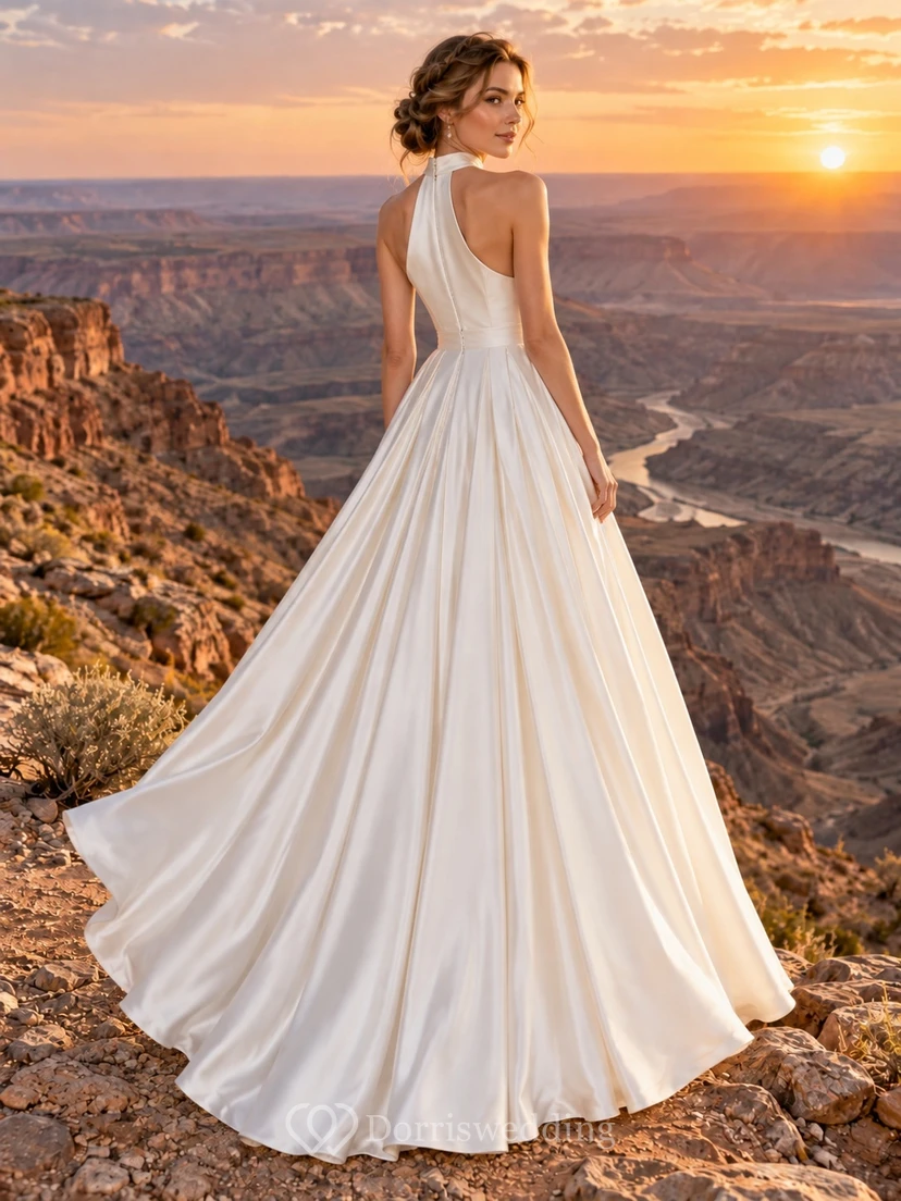Einfaches Brautkleid aus Satin mit hohem Kragen, Neckholder, A-Linie, gerafftem Oberteil und bodenlangem Rock view 2