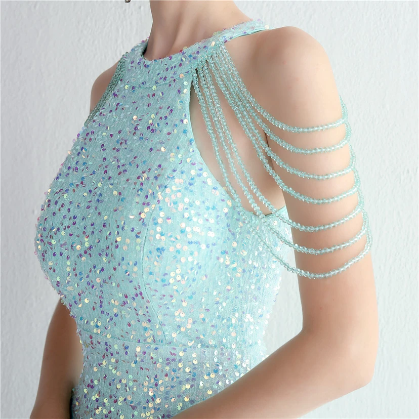 Heavy-Duty Glass Bead Craft Beaded Banquet Evening Dress Temperament Elegant Long Halter Neck Slit Sequins view 9