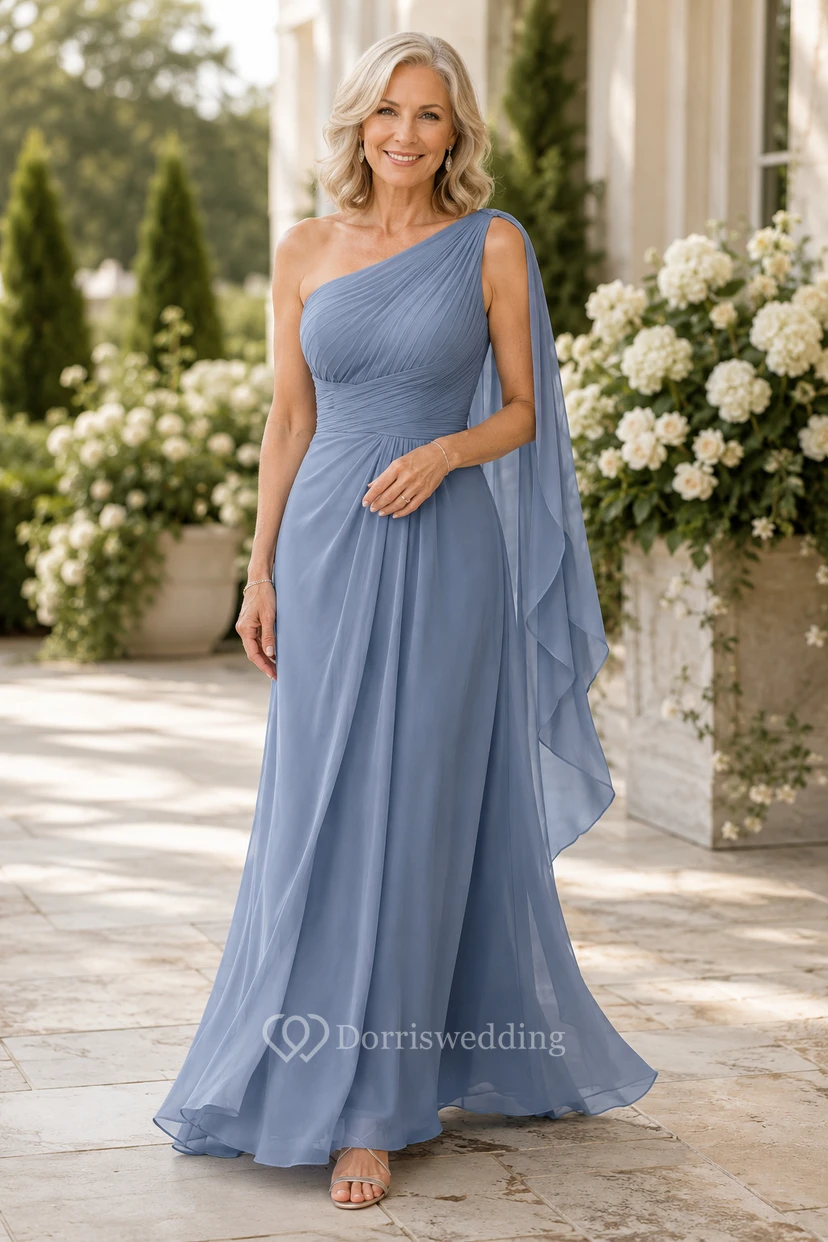 Schieferblaues, einseitig schulterfreies Chiffon-Kleid in A-Linie mit Cape-Ärmeln